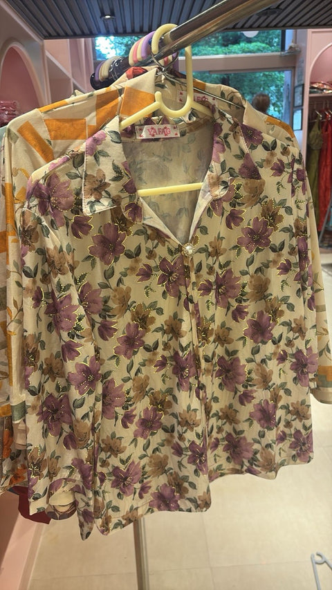 Collared Printed Tops Button Down / Half Placket