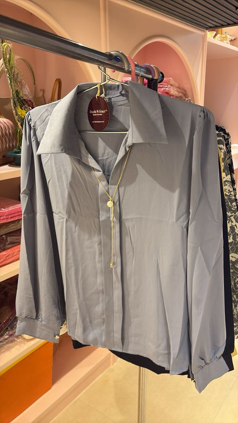 Solid Collared Long Sleeve Shirt with Puff Detailing