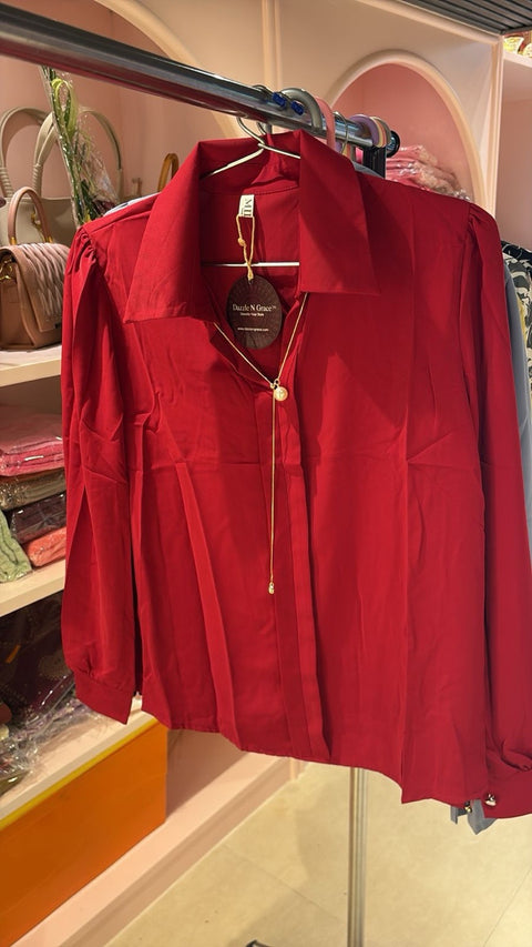 Solid Collared Long Sleeve Shirt with Puff Detailing