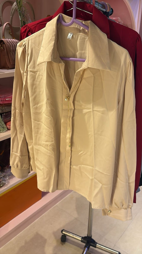 Solid Collared Long Sleeve Shirt with Puff Detailing