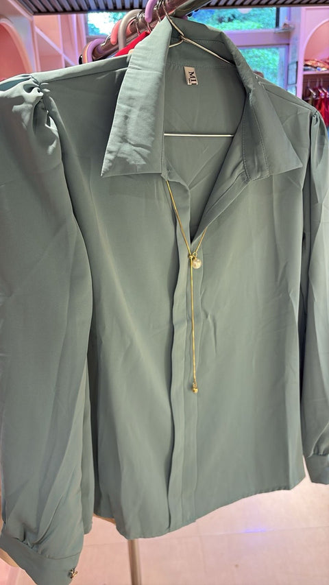 Solid Collared Long Sleeve Shirt with Puff Detailing