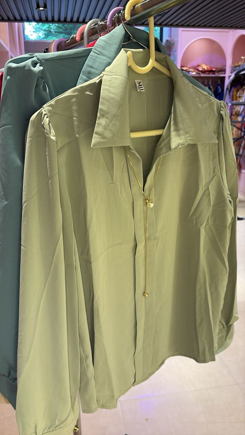Solid Collared Long Sleeve Shirt with Puff Detailing