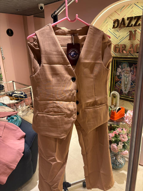 Sleeveless Blazer & Wide Leg Pant Coord Set Caramel Brown