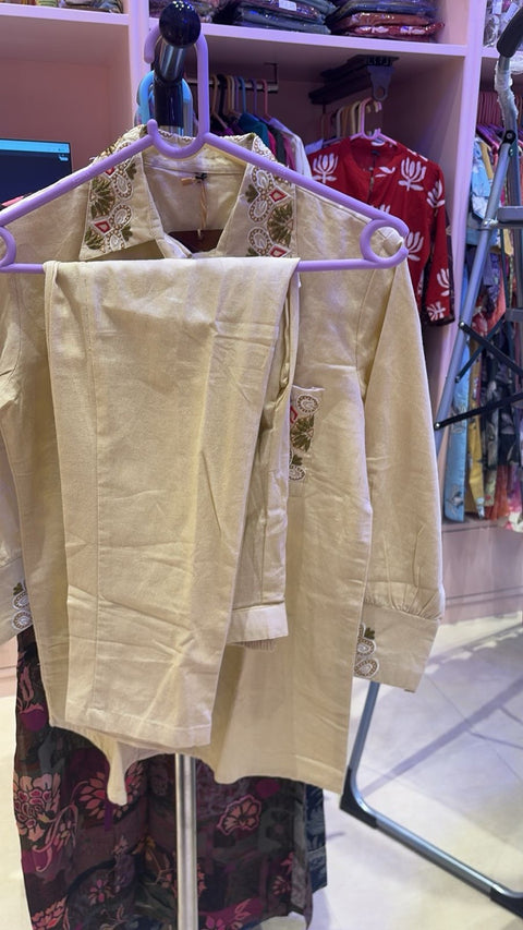 Aesha Beige Embroidered Shirt Kurti with Matching Pants