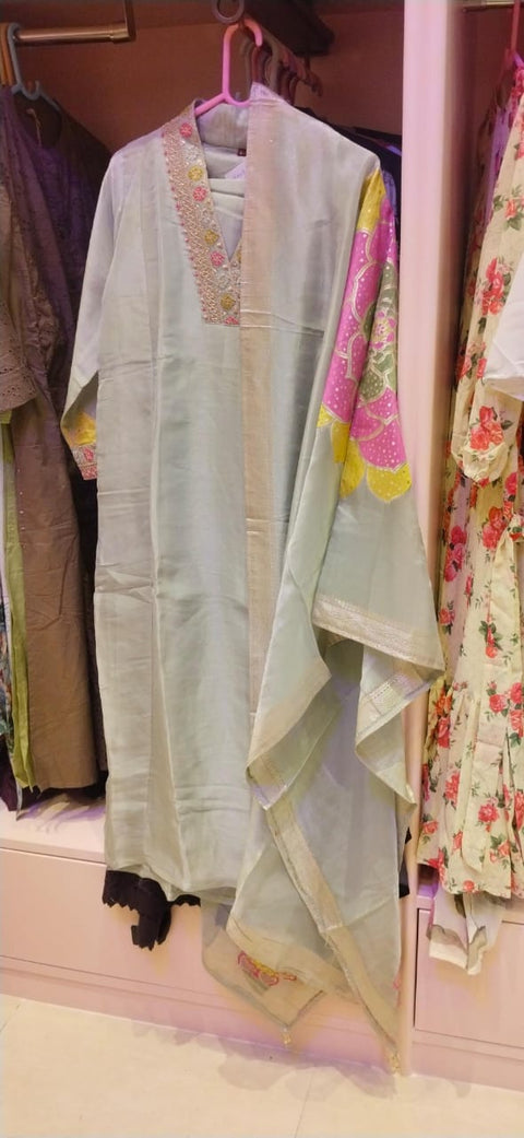 Pastel Mint Sage Green Kurta with Gota Zari V-Neck, Pant & Gold Border Dupatta | 3-Piece Festive Set