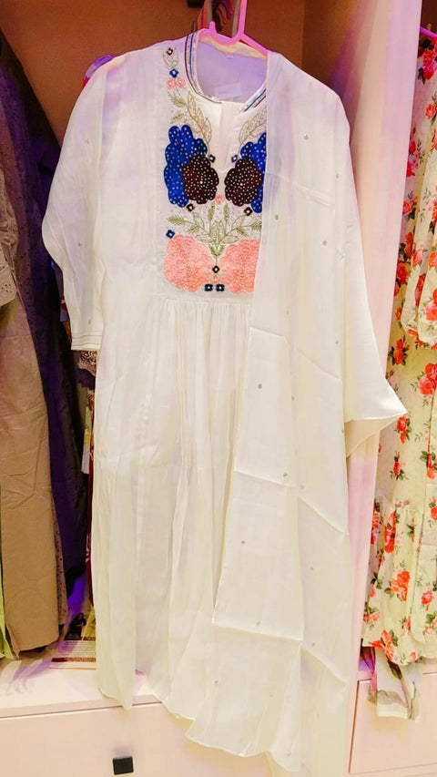 Ivory Yoke-Embroidered Anarkali Kurta with Dupatta & Pants | 3-Piece Festive Ethnic Set