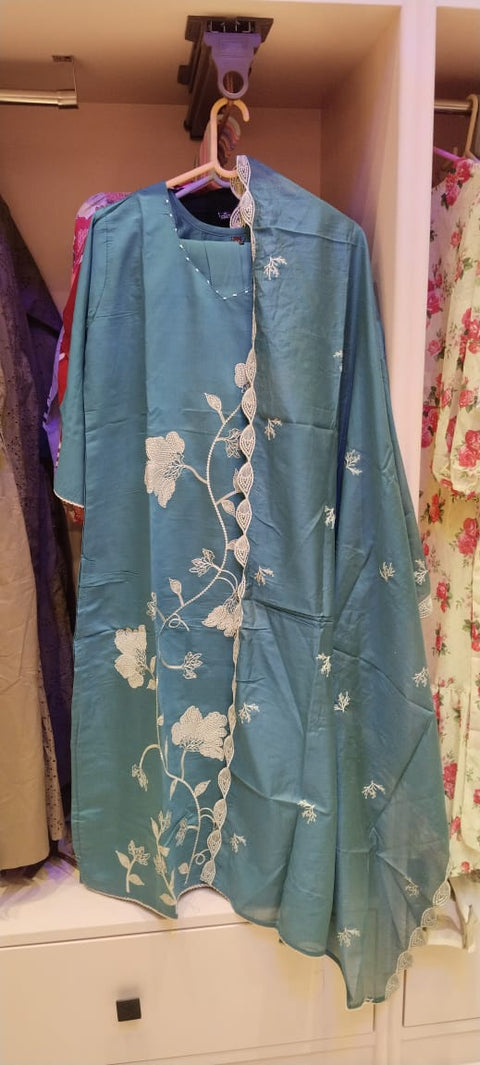 Sea Teal Threadwork Kurta Set with Beaded Neckline, Pant & Dupatta | 3-Piece Festive Ethnic Set