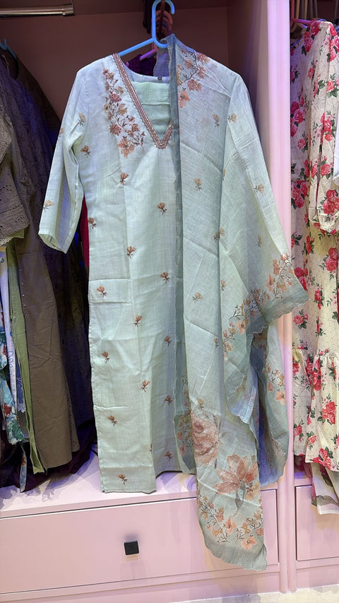 Pastel Green Embroidered Kurta with Pant & Dupatta Set | Elegant Festive Ethnic Wear for Women
