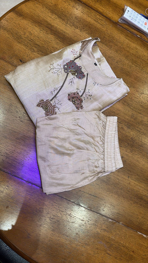Cream Embroidered Kurta with Beadwork, Thread Work, Pant & Dupatta Set | Semi-Formal Ethnic Wear