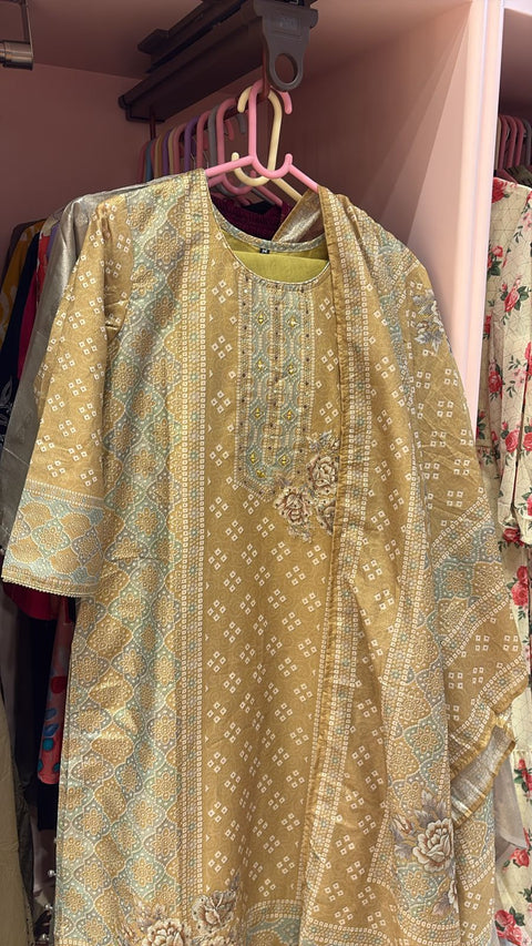 Mustard Geometric Jaal Mirror Work 3-Piece Suit Set | Kurta, Straight Pants & Printed Dupatta | Festive Wear