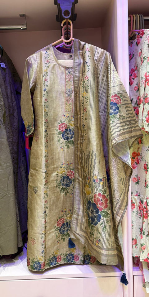 Antique Gold Multi-Floral Sequin 3-Piece Suit Set | Kurta, Satin Pants & Tassel Dupatta | Wedding Wear