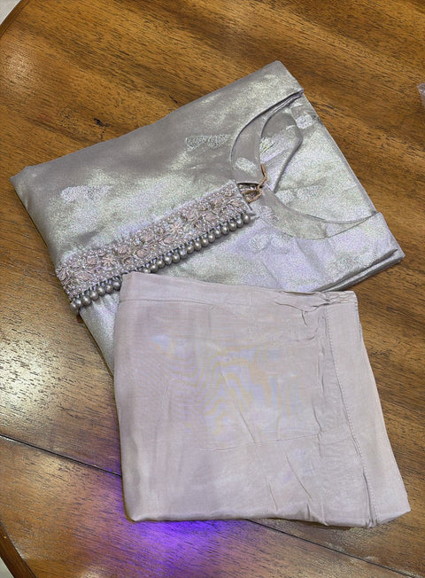 Platinum Silver Shimmer Pearl-Trim 3-Piece Suit Set | Kurta, Straight Pants & Striped Dupatta | Festive Wear