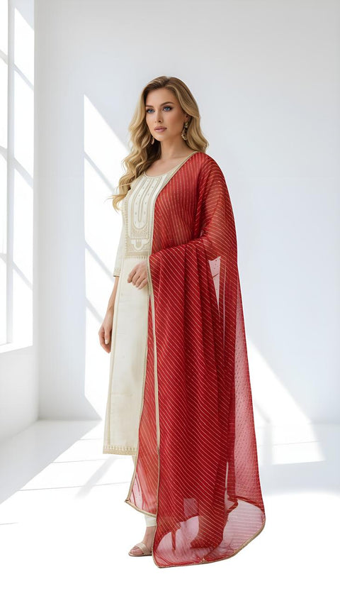 Ivory Embroidered Kurta Set with Red Bandhani Dupatta | Festive Ethnic Wear for Women