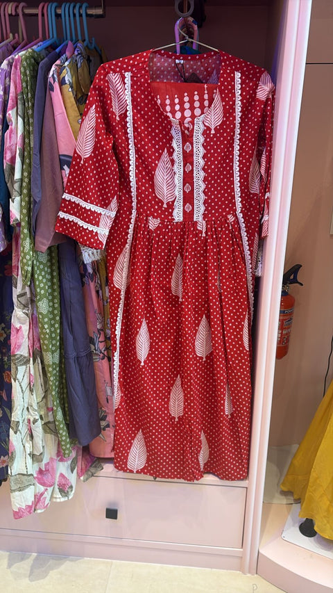 Scarlet Red Leaf & Polka Dot Lace Trim Kurta-Dress with Gathered Waist | Casual Festive Ethnic Wear