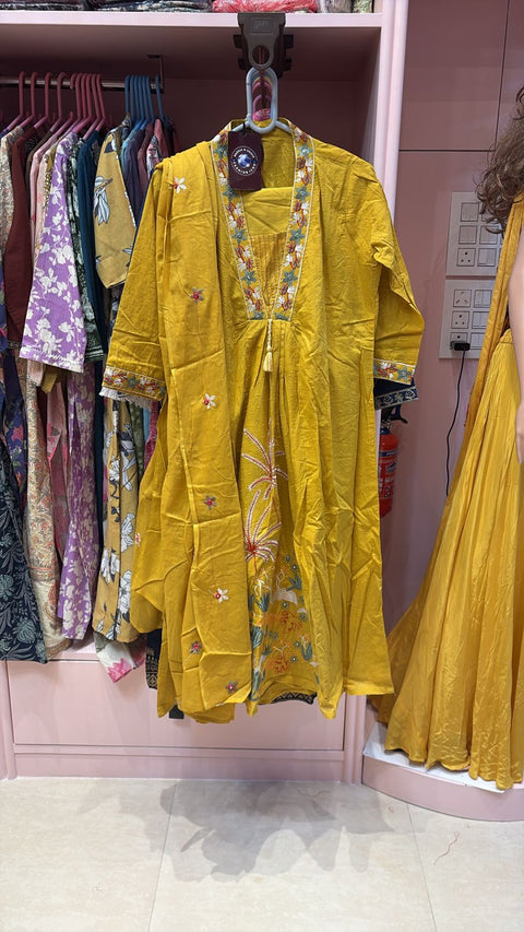 Mustard Marigold A-Line Layered Kurta with Floral Trim, Tassel Tie & Contrast Inner Panel | Festive Ethnic Wear