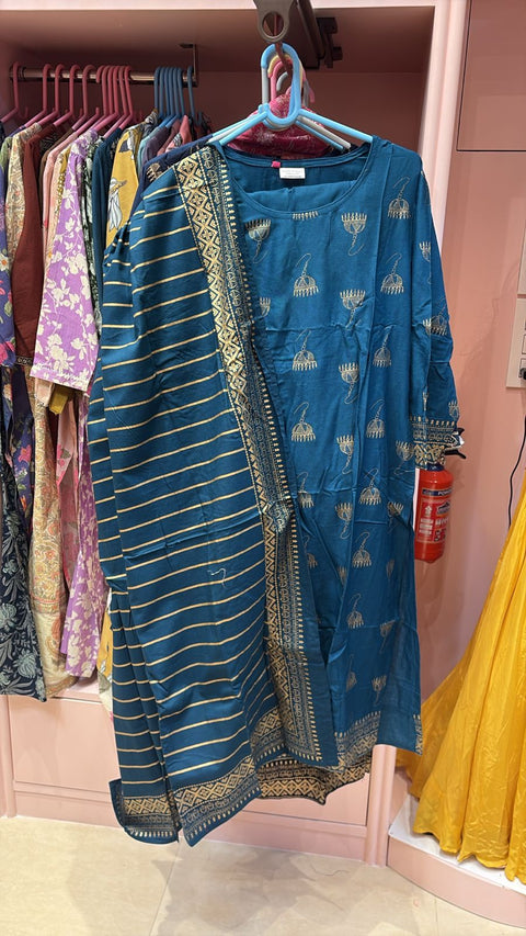 Peacock Teal Gold Foil Jhumka Print Kurta with Striped Gold Border Dupatta | Festive Ethnic 2-Piece Set