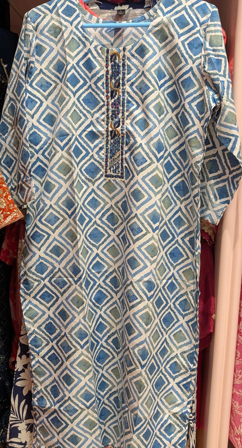 Aqua Teal Geometric Diamond Print Kurta with Pintuck Placket | Casual Office Ethnic Wear