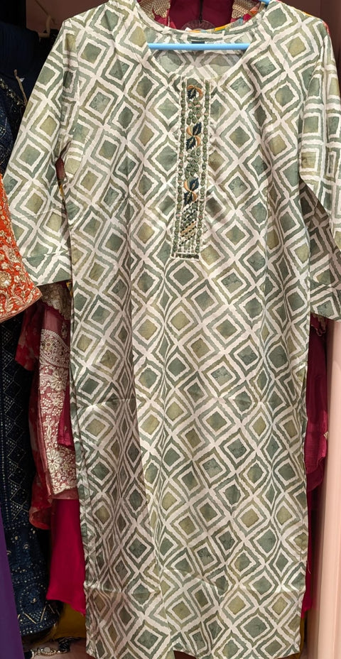 Sage Olive & Brown Geometric Diamond Print Kurta with Pintuck Placket | Casual Office Ethnic Wear
