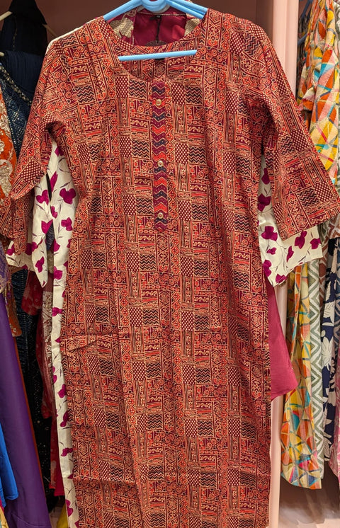 Terracotta Ajrakh-Geometry Kurta with Chevron Placket