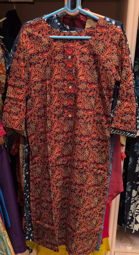 Wine Red Floral Jaal Kurta with Contrast Chevron Button Placket | Casual Office Ethnic Wear
