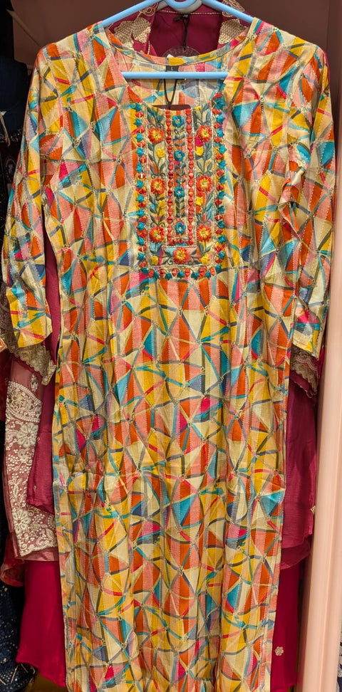 Multicolor Geometric Printed Cotton Kurta with Floral Embroidered Yoke & Mirror Work | Festive Ethnic Wear