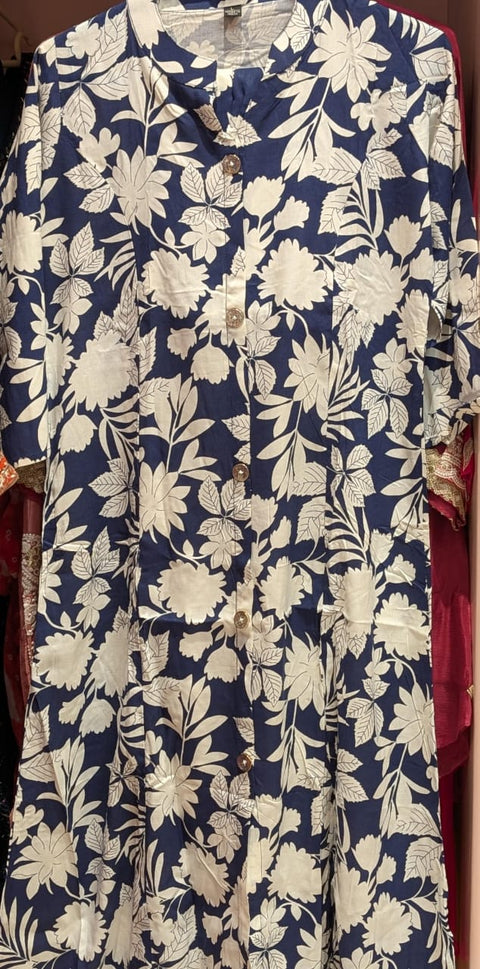 Ivory Botanica Button-Front Kurta with Pant | Navy Blue Mandarin Collar A-Line Cotton | Office Travel Everyday