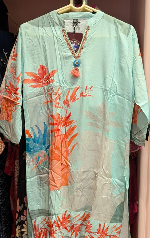 Aqua Coral Leaf Tassel-Neck Kurta with Pant | Braided Trim V-Neck Straight Rayon | Resort Casual Ethnic
