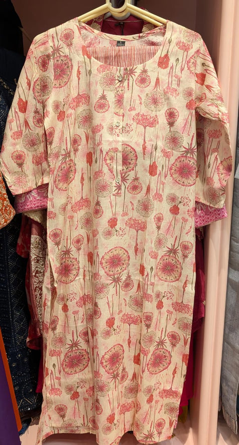 Rose Meadow Printed Straight Kurta and Pant | Ivory Blush Rose Dandelion Pintuck Stripe Facing Cotton | Work Brunch Casual