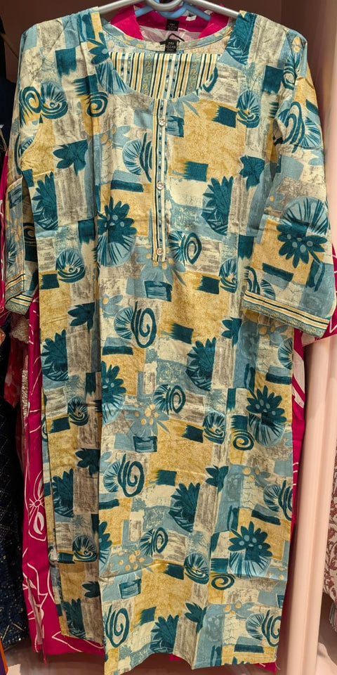 Teal Mustard Geo Floral Straight Kurta and Pant | Mosaic Print Round Neck Stripe Placket Cuffs Rayon Viscose | Work Brunch Casual