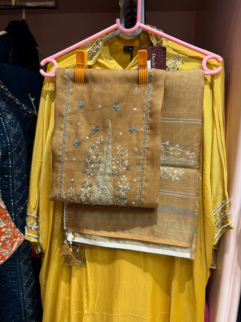 Antique Gold Peacock Embroidered Tissue Dress Material with Dupatta | Chanderi Zari Floral Tassel | Unstitched