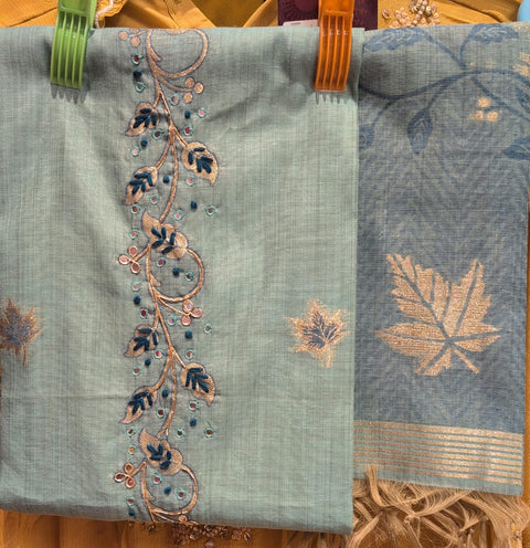 Sea Green Embroidered Linen Dress Material | Floral Vine Thread Bead | Zari Leaf Woven Dupatta | Festive Ethnic