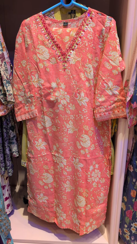 Peach Blossom Embroidered V-Neck Straight Kurta Set | Cotton-Linen Floral Print Ethnic Wear for Women