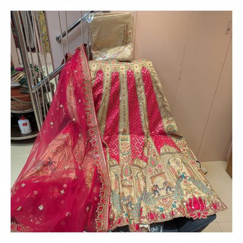 Bridal Lehenga Set | Gold Pink Zardozi Temple Motif | 3-Piece Wedding Bridal Wear