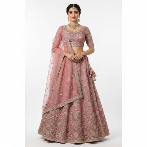 Dusty Rose Gold Zari Sequin Embroidered Silk Lehenga Set | Mughal Floral Motifs | 3-Piece Bridal Festive Wear