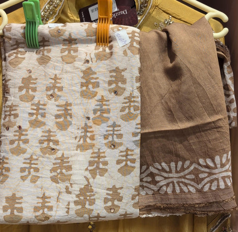 Beige & Coffee Brown Handblock Printed Cotton 3-Piece Unstitched Suit with Mirror Work & Dupatta
