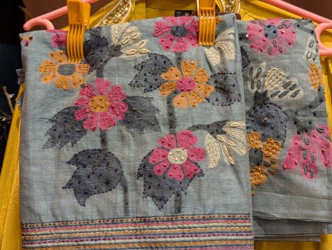 Sky Blue Multicolor Thread-Embroidered Linen Dress Material | Floral Bead Woven Dupatta | 3-Piece Unstitched