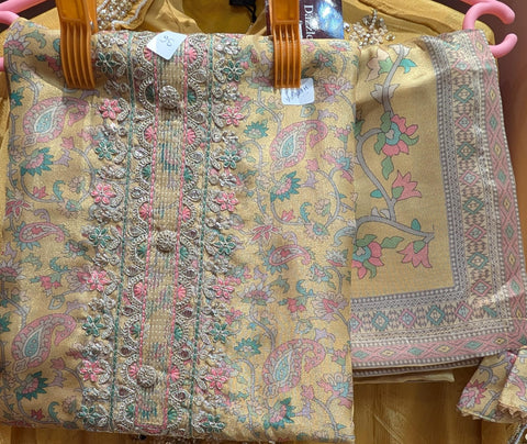 Mustard Gold Printed & Embroidered Cotton Silk Dress Material | Zari Thread Floral Paisley | 3-Piece Unstitched