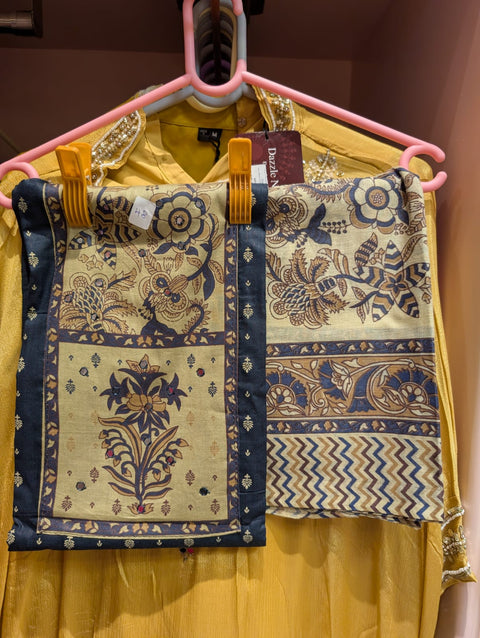 Beige & Navy Blue Handblock Print Cotton Dress Material | Floral Paisley Mirror | 3-Piece Unstitched Suit