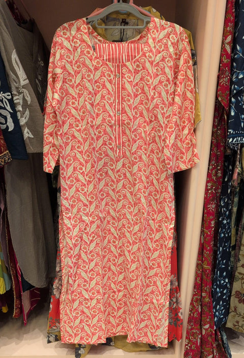Coral Orange Leaf Printed Straight Kurti and Pant | Vine Leaf Beige Stripe Panel Neck Cotton Blend | Office Festive