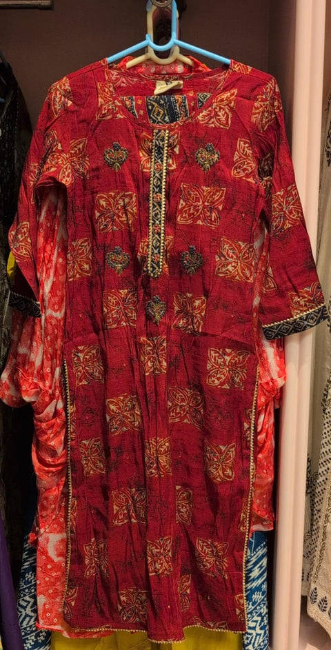 Red Handblock Printed Cotton Coord Set with Contrast Embroidered Yoke & Matching Bottom | Festive Ethnic Wear
