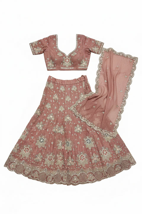 Peach Embroidered Ghaghara Choli with Sequin Thread Mirror Dupatta | Festive Bridal Ethnic Wear