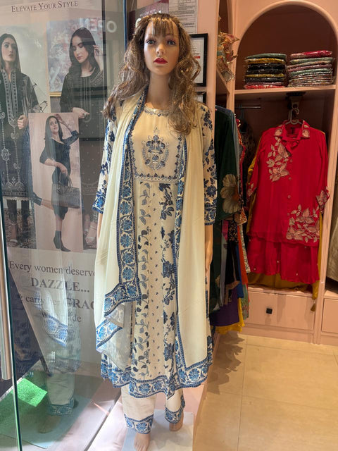 White & Blue Floral Block Print Anarkali Suit Set with Embroidered Neckline & Dupatta | Festive Ethnic Wear
