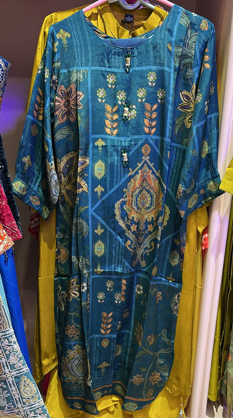 Teal Blue Floral Geometric Block Print Kurta with Palazzo Set | Bead Tassel Neckline | Festive Ethnic Coord