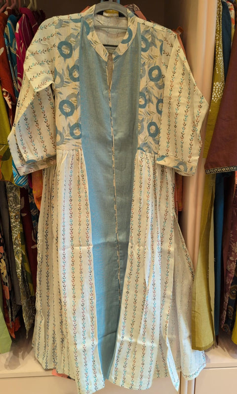 Pastel Blue & Cream Printed Long Kurti with Solid Front Panel & Puff Sleeves | Casual Office Ethnic Wear