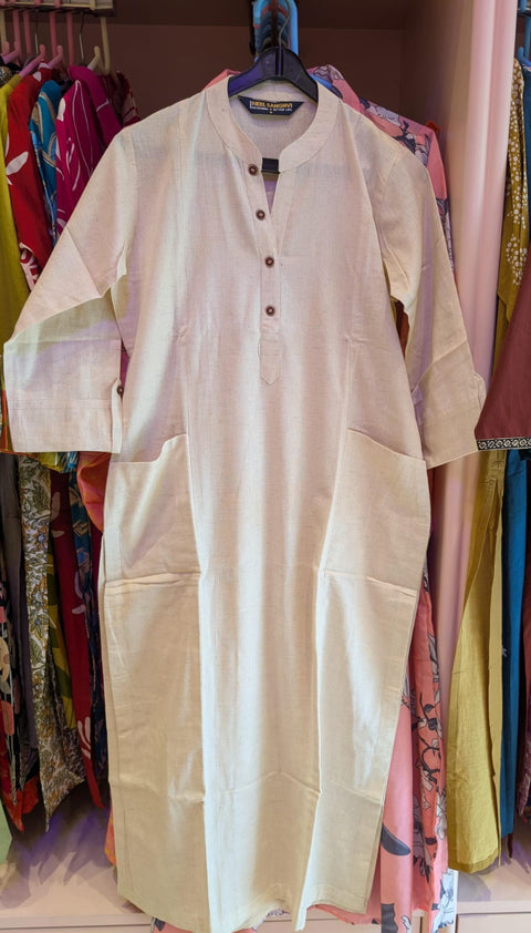 Pure Off-White Cotton Linen Kurti with Mandarin Collar & Wooden Buttons