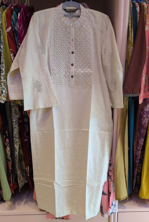 Off-White Mirror Work Cotton Linen Kurti with Geometric Embroidered Yoke & Mandarin Collar | Festive Ethnic Wear