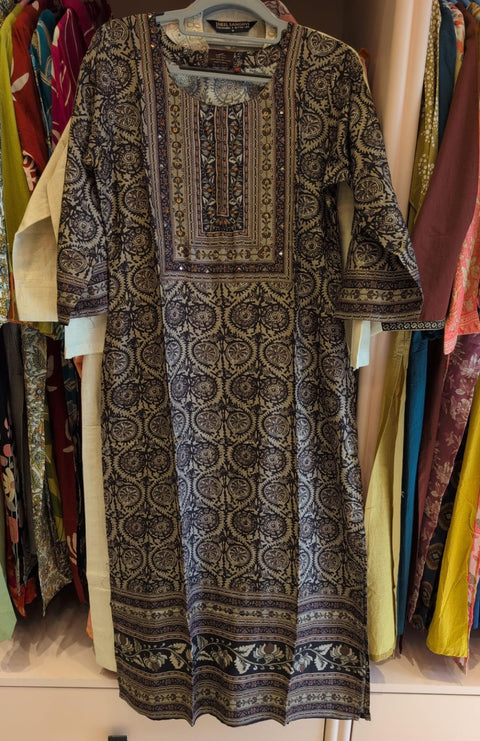 Chocolate Brown & Beige Block Print Cotton Kurti with Mirror Work Yoke