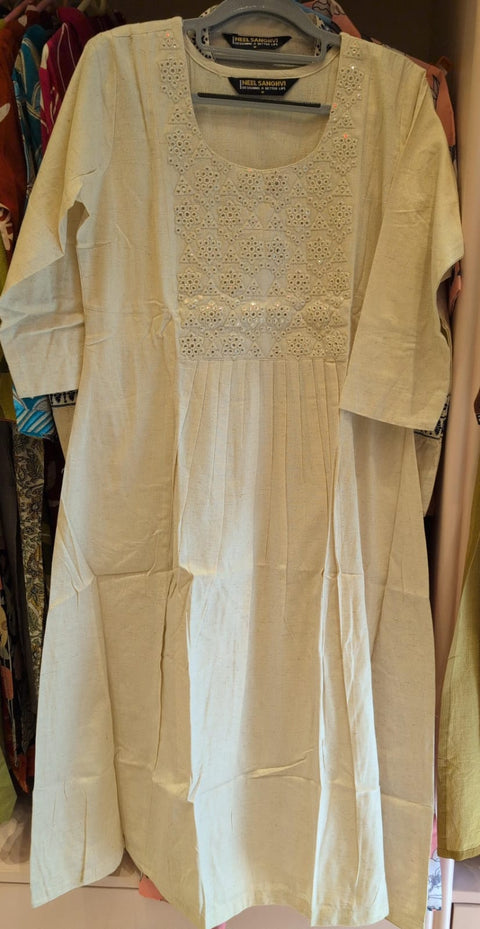 Off-White Cotton Linen Kurti with Mirror Work and Pintuck Detailing