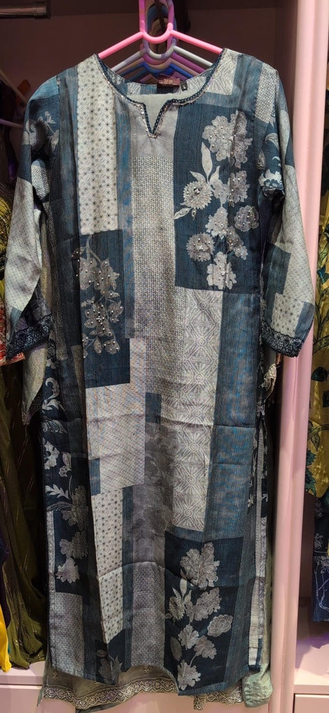 Elegant Teal Grey Floral Patchwork Printed Full Ladies Suit | Casual Ethnic Wear for Women