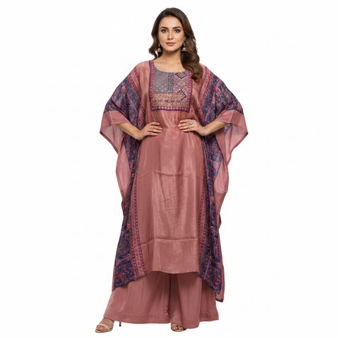 Embroidered Designer Kaftan With Palazzo | Rose Pink & Navy Mirror Tassel | Festive Wear